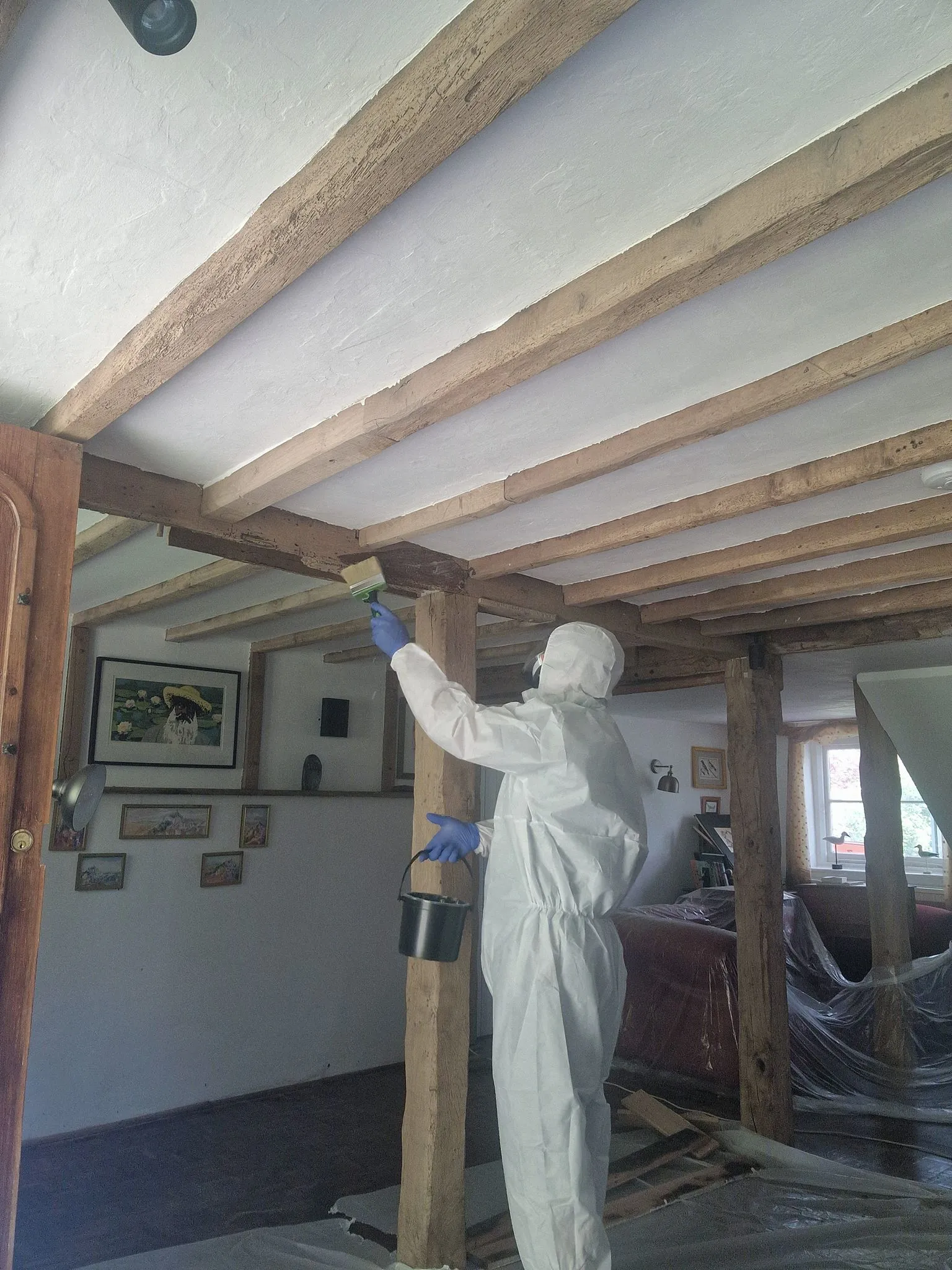 Pest control technician in a hazmat suit applying treatment to wooden beams, likely for woodworm or other timber pests.