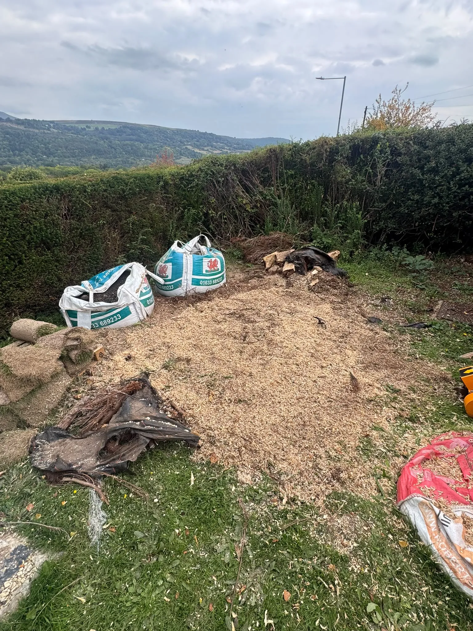 Tree stump grinding and garden clearance site with wood chippings and green waste bulk bags in Pontypool