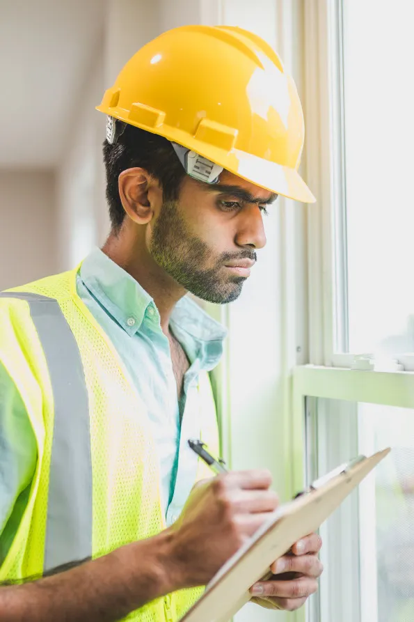Accredited domestic energy assessor from ESP Yorkshire inspecting a property window during an EPC assessment in Bradford