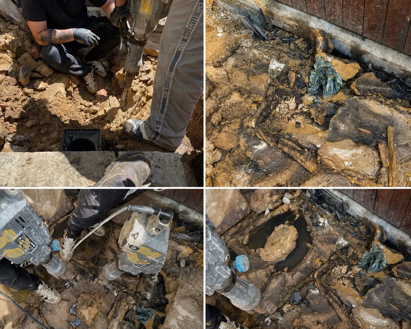 Collage showing a plumber using a jackhammer to excavate ground for drainage repairs.