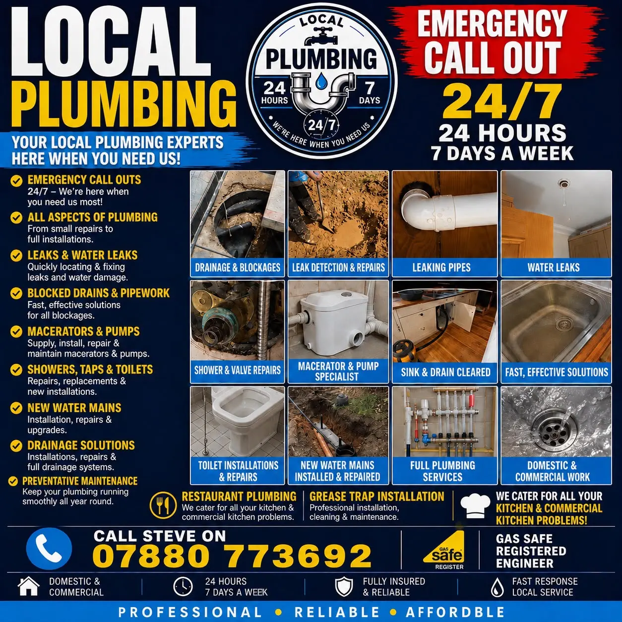 Local Plumbing & Drainage promotional flyer detailing services and contact number