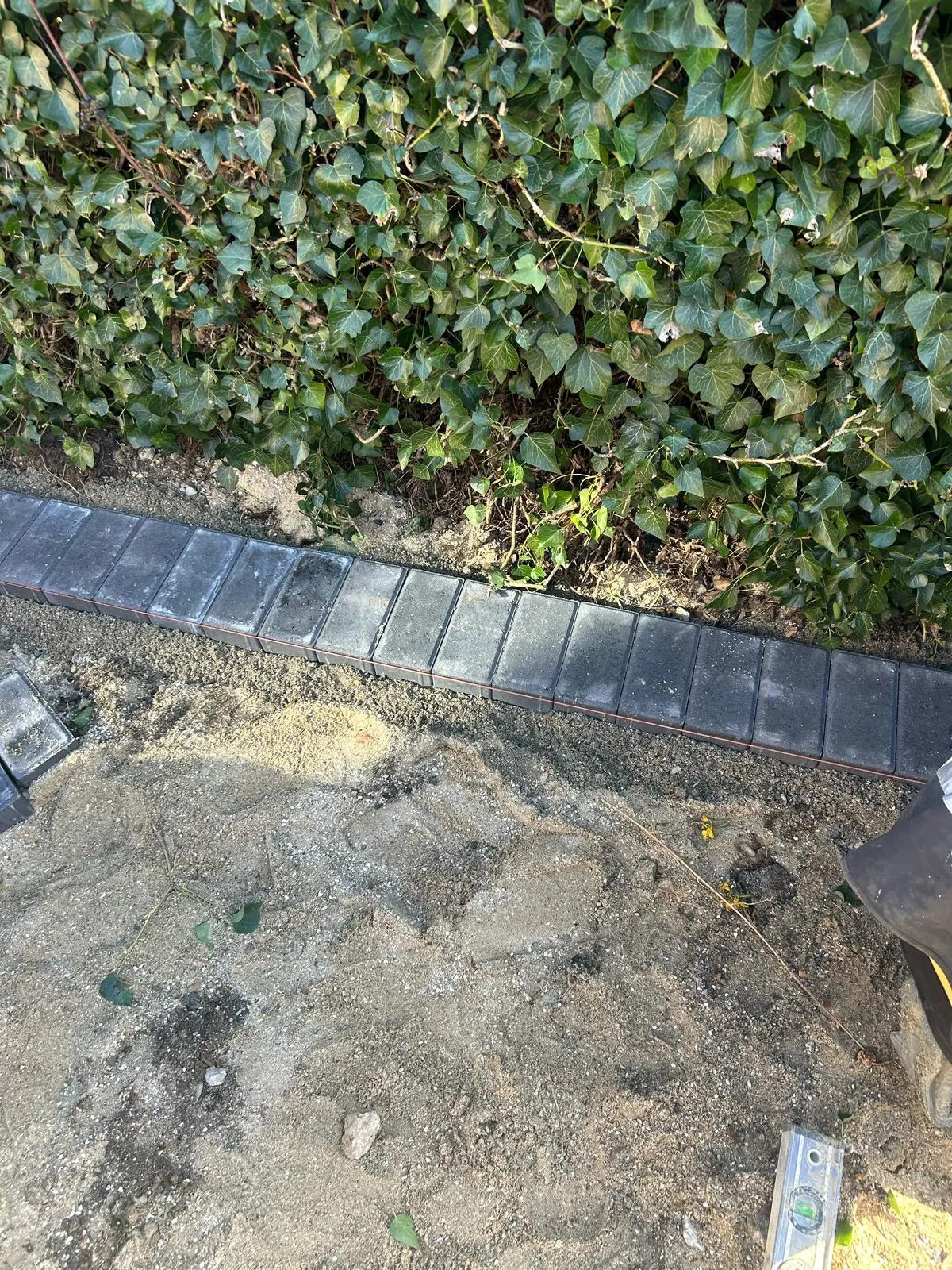 Work in progress shot of new dark grey block paving being installed as an edging next to a vibrant green ivy hedge, with the sandy sub-base prepared for further paving.