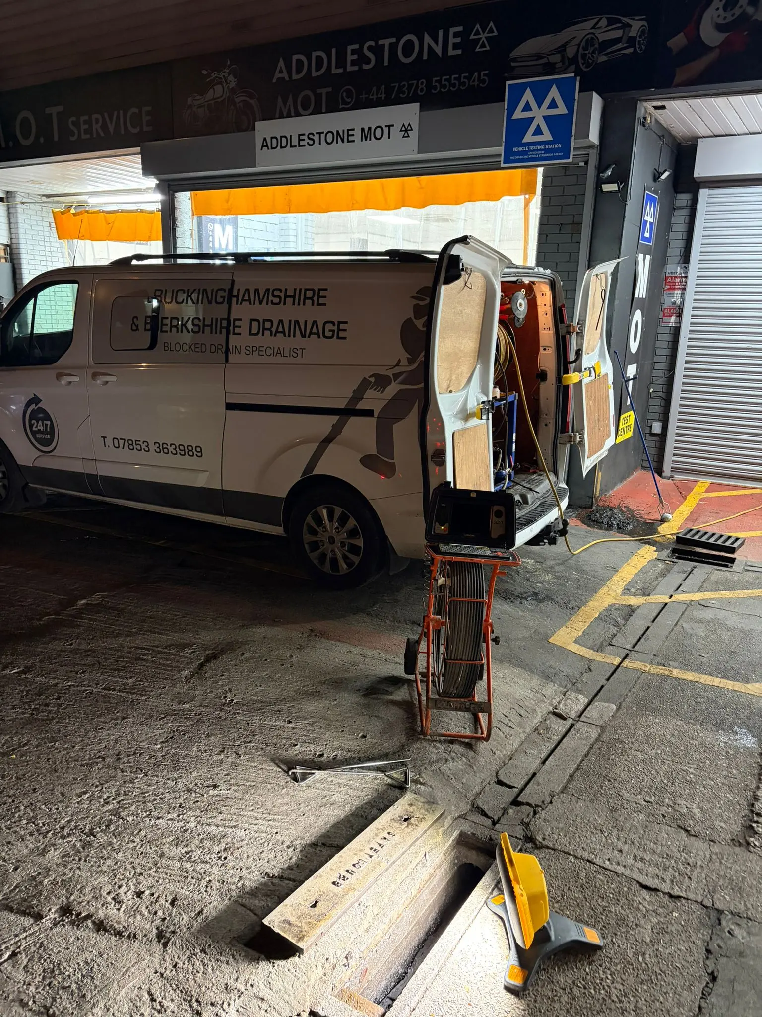 CCTV drain survey equipment and professional drainage van performing an inspection at a commercial property in Slough.