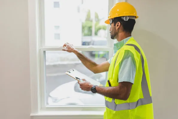 Accredited domestic energy assessor from ESP Yorkshire inspecting window glazing during an EPC or PAS 2035 Retrofit Assessment