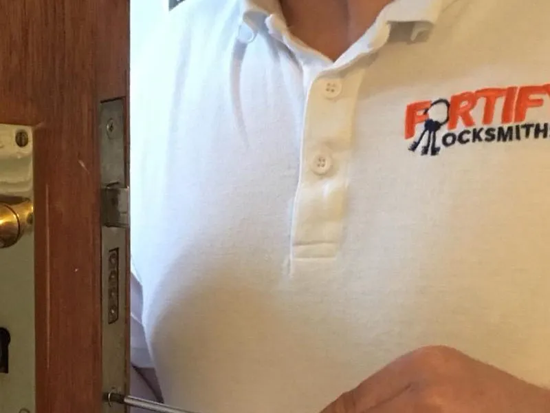 A professional locksmith from Fortify Locksmiths repairing a door lock