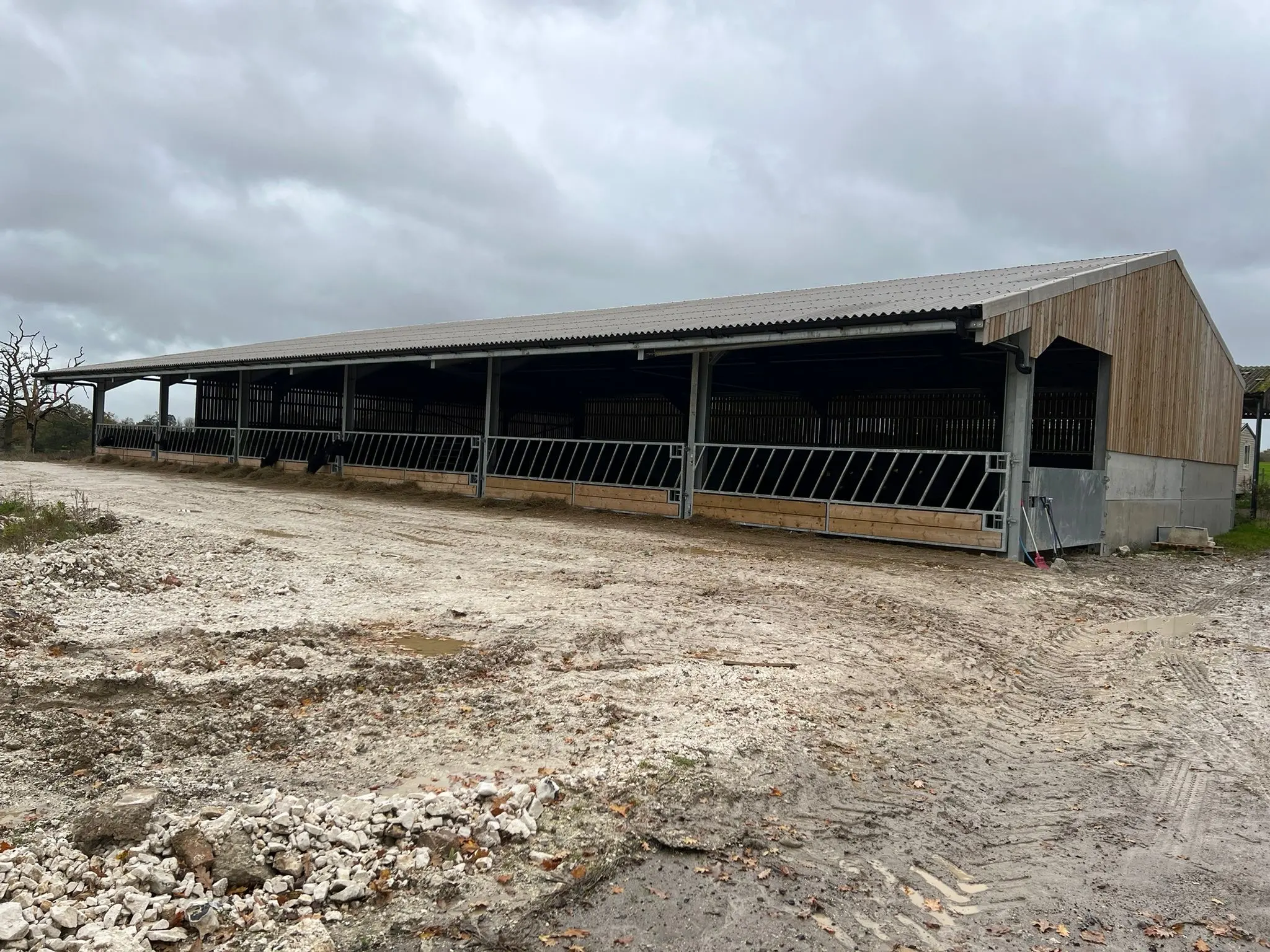 Newly built steel-framed livestock housing and agricultural cattle shed with timber cladding and feed barriers constructed by ER3 Group LTD