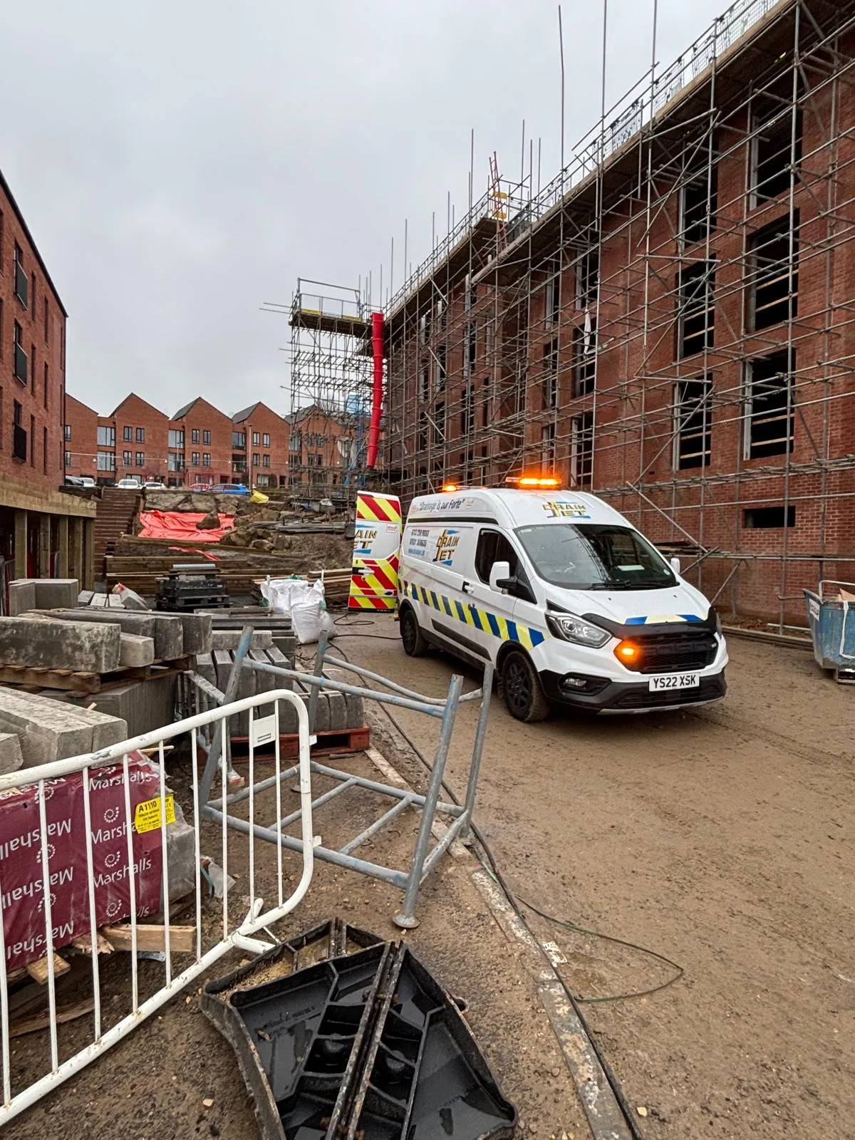 Drain Jet commercial drainage van on a construction site in Leeds
