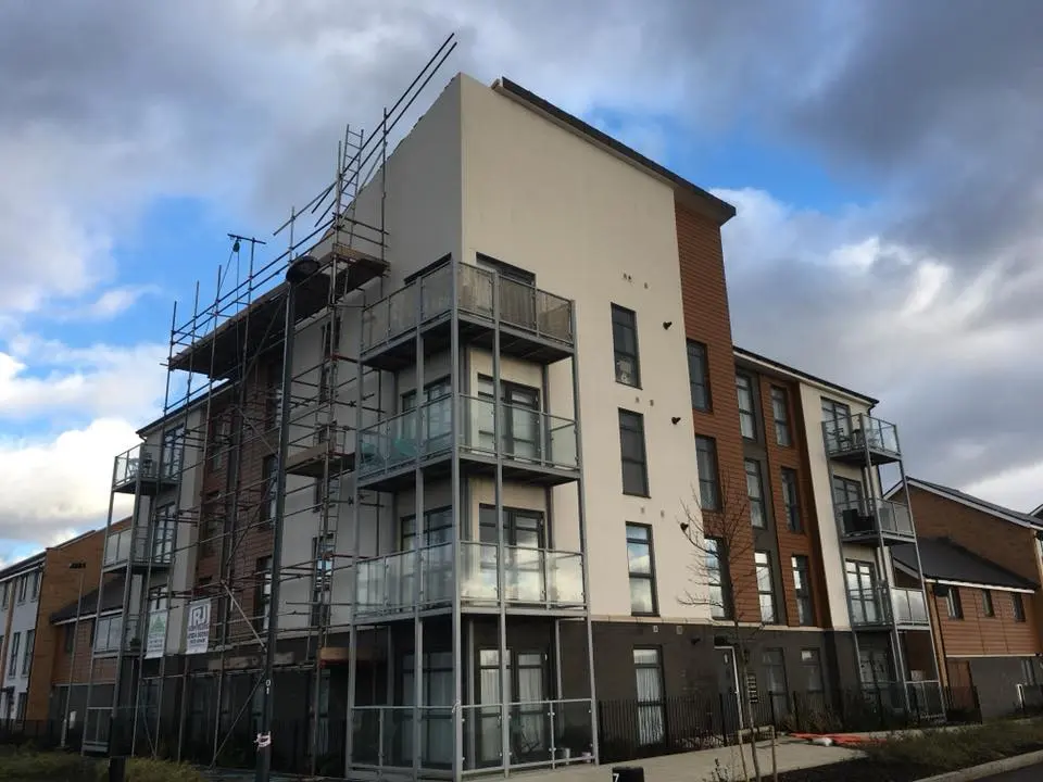 Commercial scaffolding installed for roofing repairs