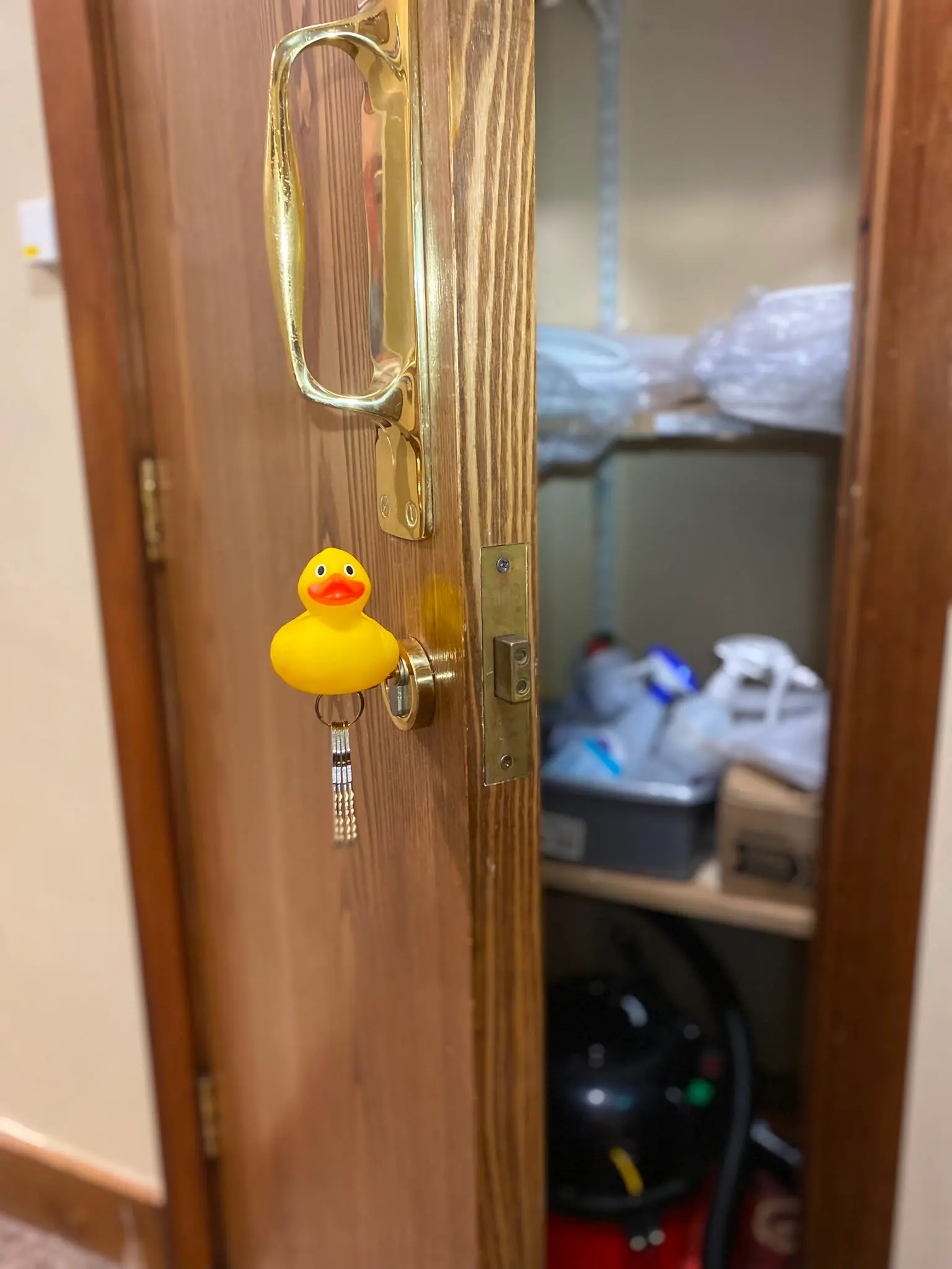 A key with a yellow rubber duck keyring left inserted in the brass cylinder lock of an open wooden door