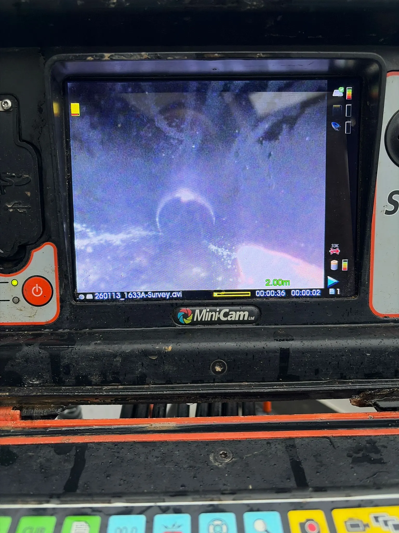 CCTV drain survey monitor displaying a pipe inspection by Buckinghamshire & Berkshire Drainage.