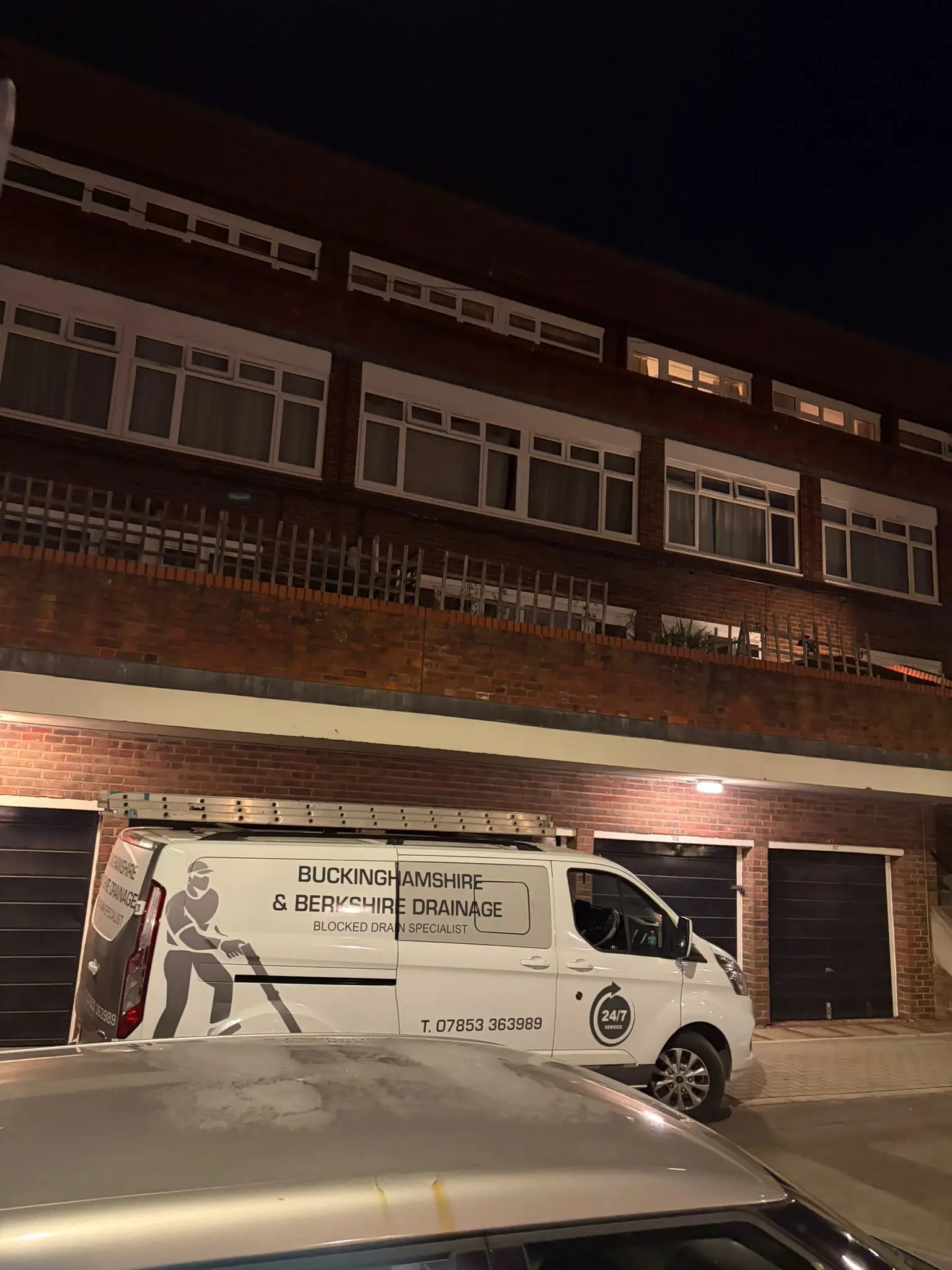 Buckinghamshire & Berkshire Drainage emergency service van parked at night for a 24/7 drain unblocking callout in Slough