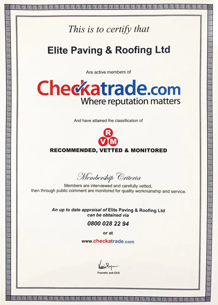 Checkatrade certificate for Elite Paving & Roofing Ltd, showing they are a Recommended, Vetted & Monitored member.