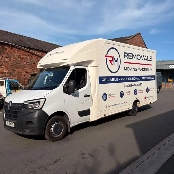 RM Removals branded low-loader Luton removals vehicle ready for house moves across Penrith and the Lake District