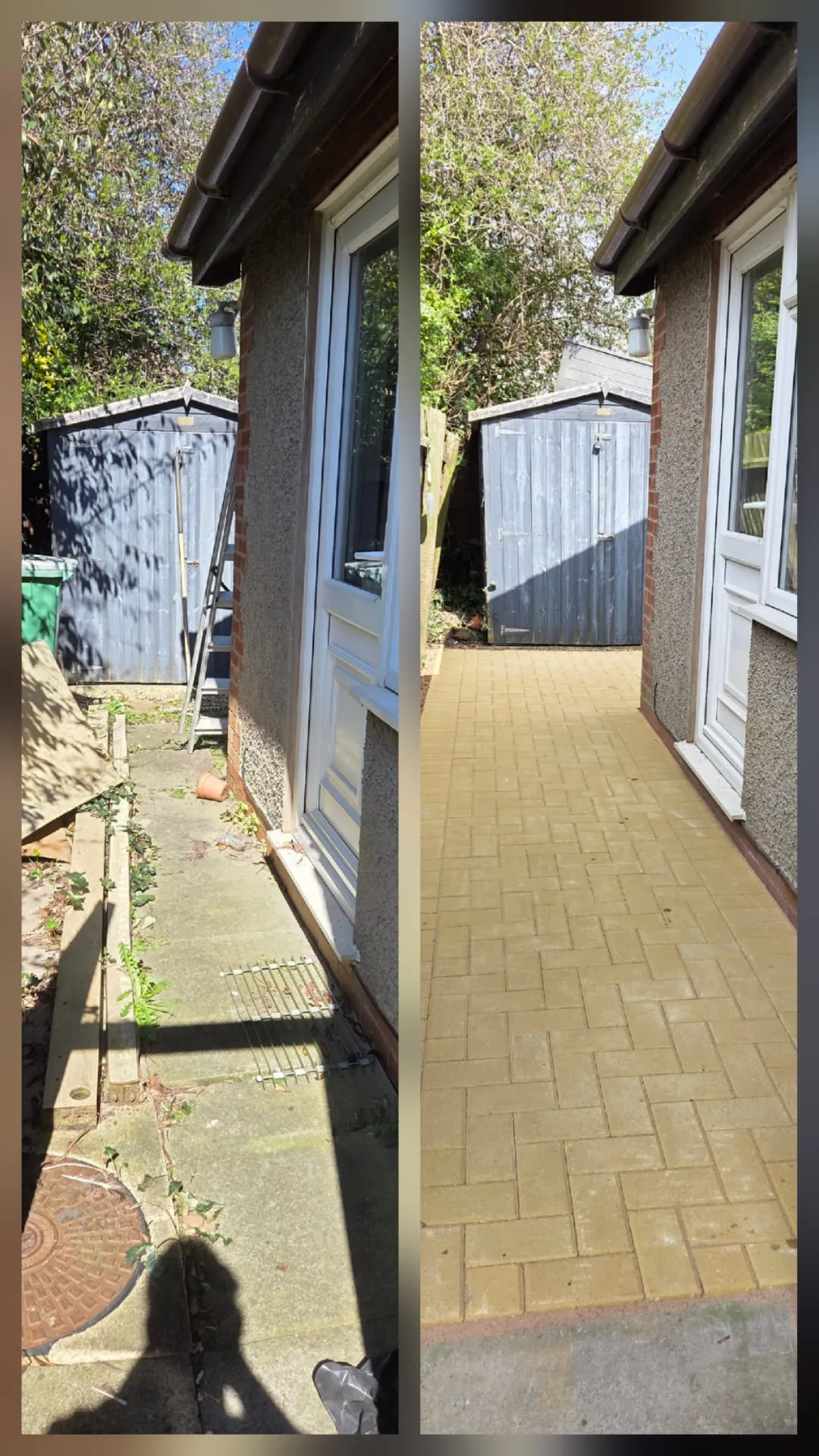 Before and after transformation of a garden path from old concrete to new, light-coloured block paving.