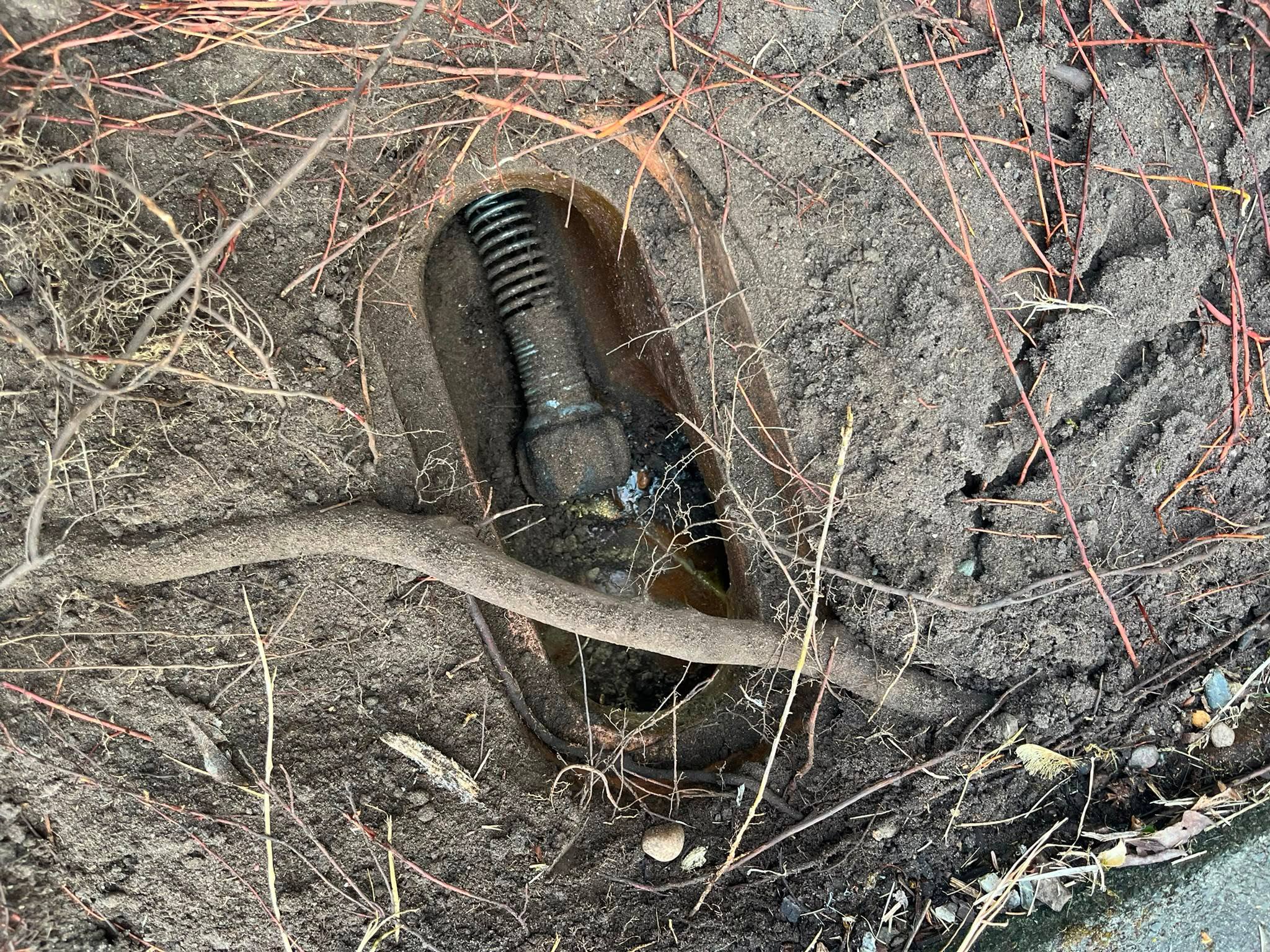 Professional drain rodding and root removal tool inserted into a blocked outdoor drain pipe