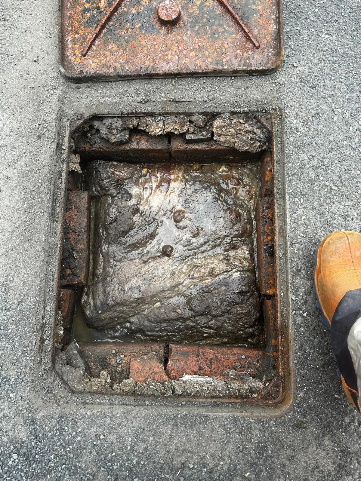 An open manhole showing a drain heavily blocked with fat, grease, and other debris, requiring professional unblocking service.