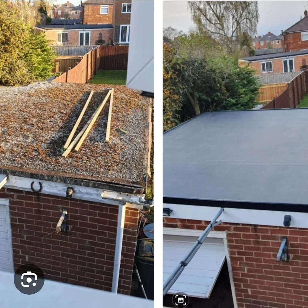 Before and after comparison of a flat roof replacement project on a garage