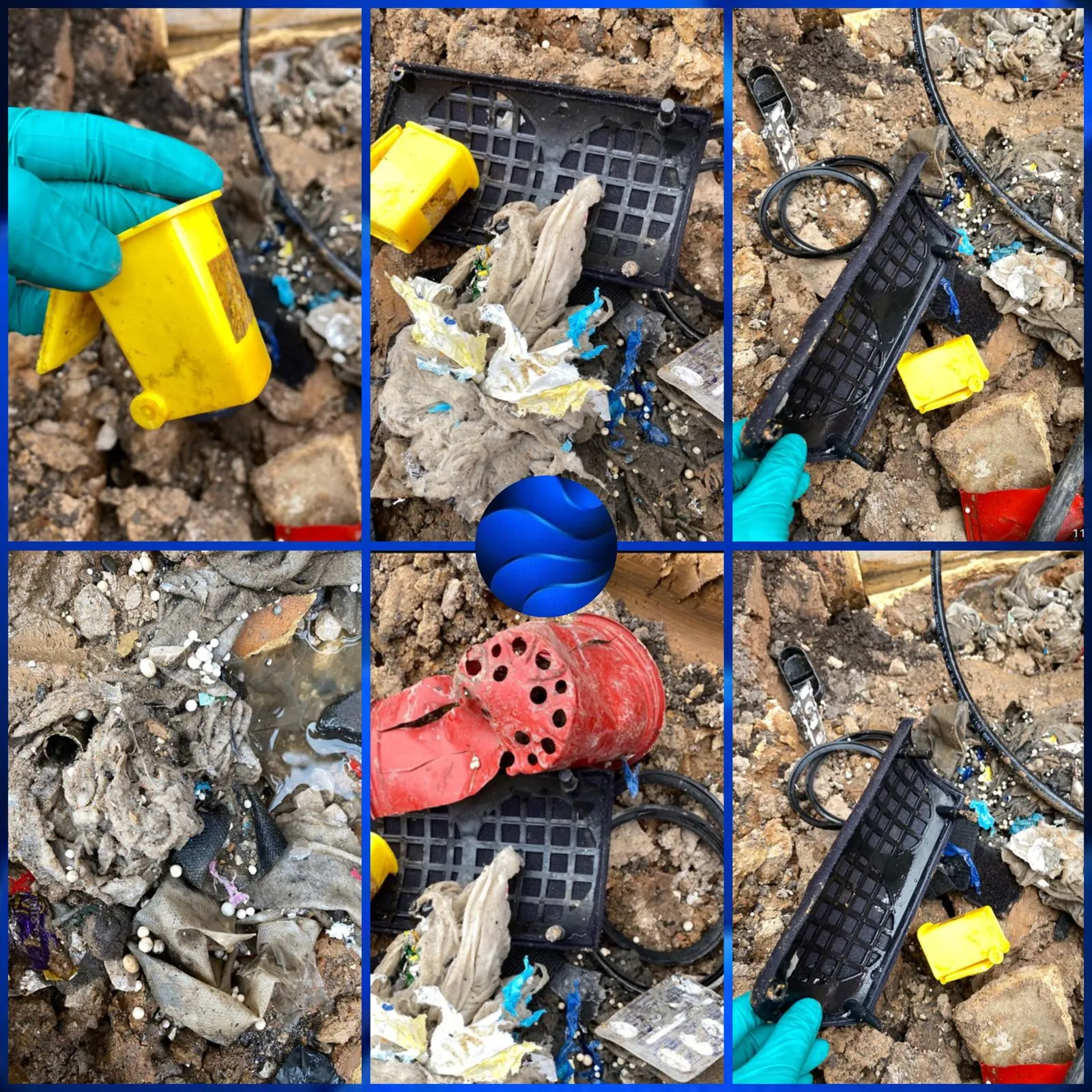 Debris and foreign objects removed from a blocked drain during unblocking work.
