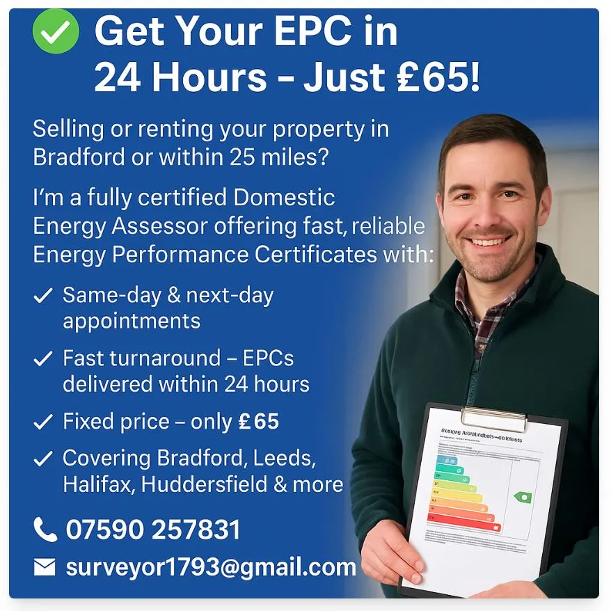 Promotional graphic for a domestic energy assessor offering same day EPC certificates in Bradford and surrounding areas.