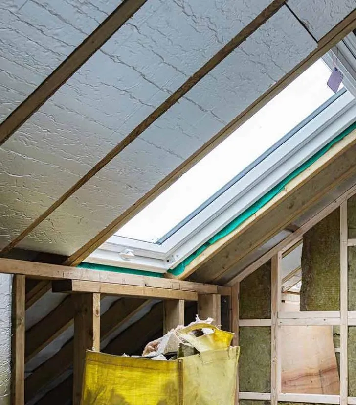 Interior view of a loft conversion in progress, featuring a newly installed Velux roof window, roof insulation, and timber structural work.