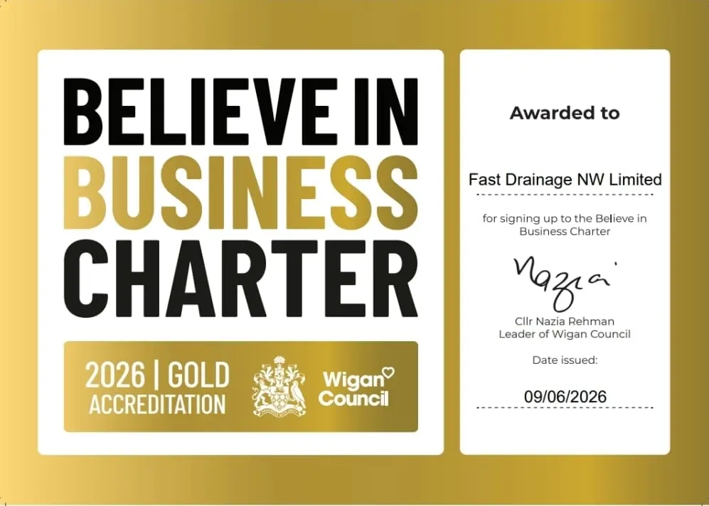 Believe in Business Charter 2026 Gold Accreditation certificate from Wigan Council awarded to Fast Drainage NW Limited