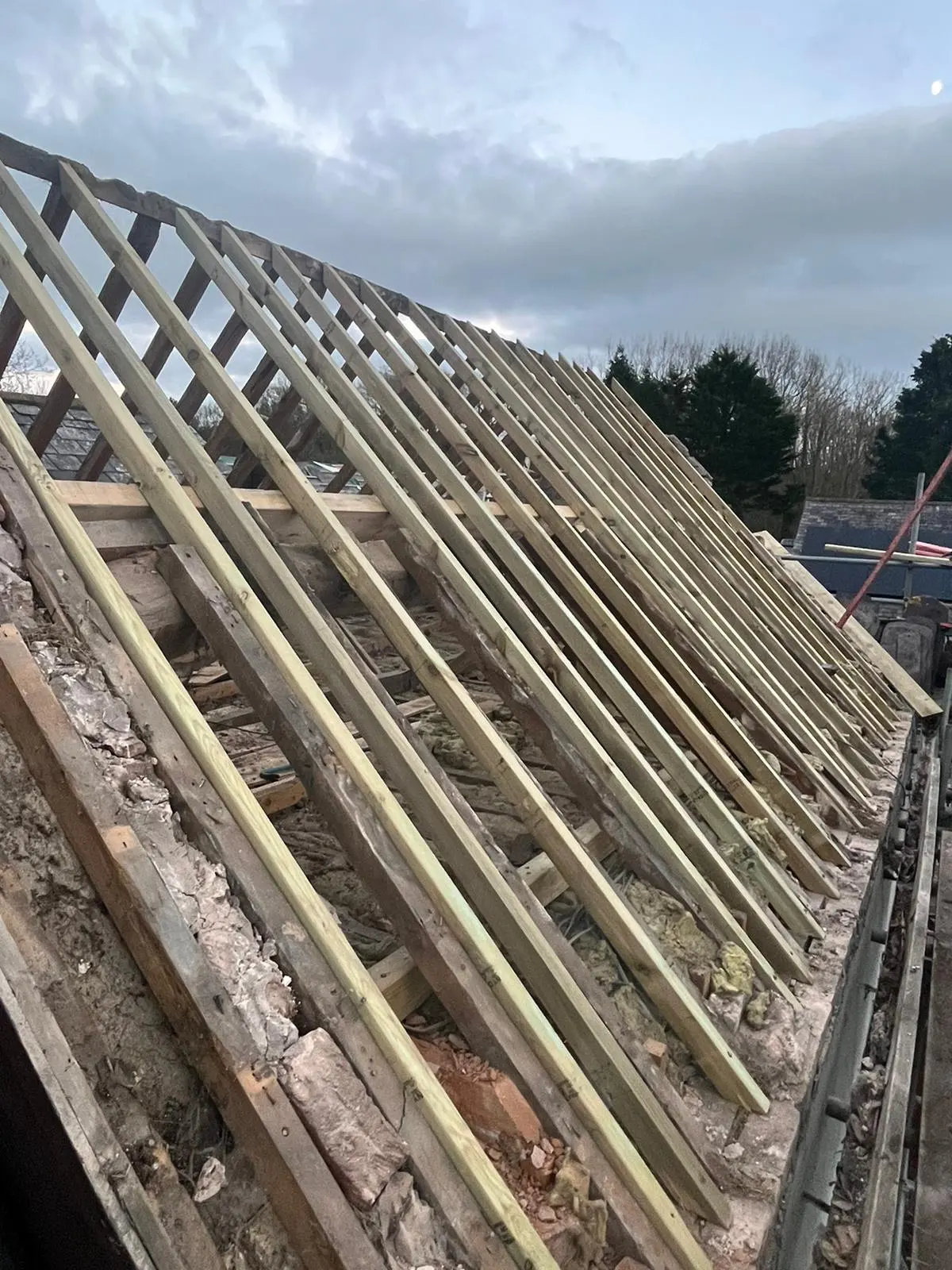 New timber rafters installed on an exposed pitched roof during a complete roof replacement project
