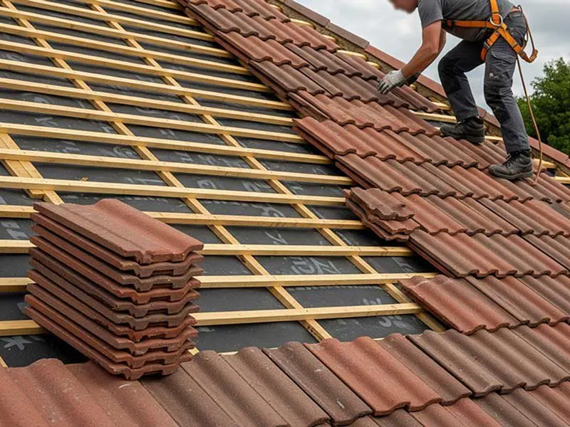 New roof installation with a roofer laying brown tiles on a house