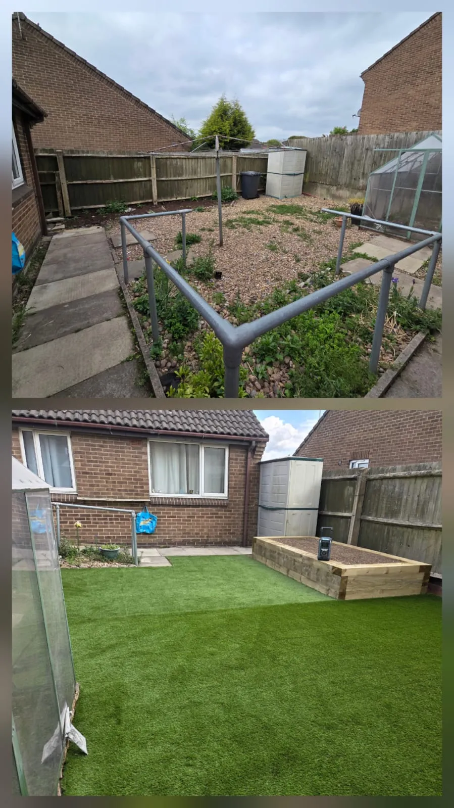 Before and after comparison of a garden makeover, featuring an old, untidy garden transformed with lush artificial grass, new paving, and a wooden raised planter.
