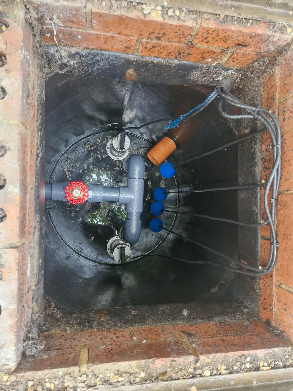 Internal components of a sewage pump station maintained by Roberts Drainage Ltd in Cambridgeshire.