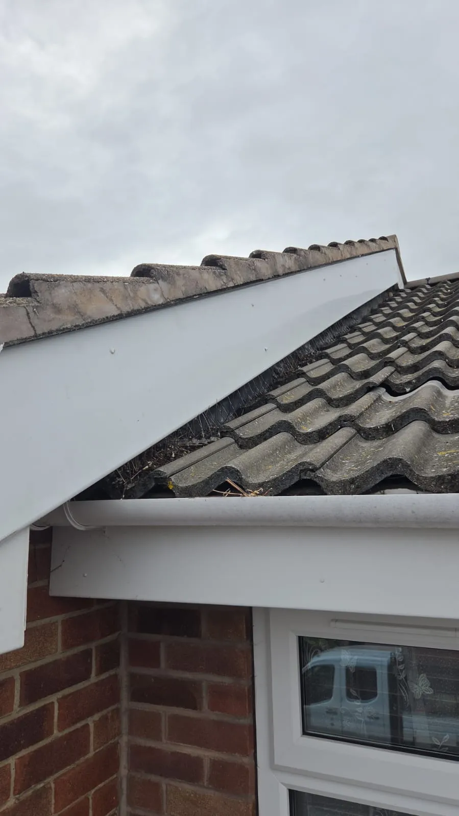 Detailed view of a tiled roof edge with new white UPVC guttering, fascia, and soffits, plus bird spikes for protection.