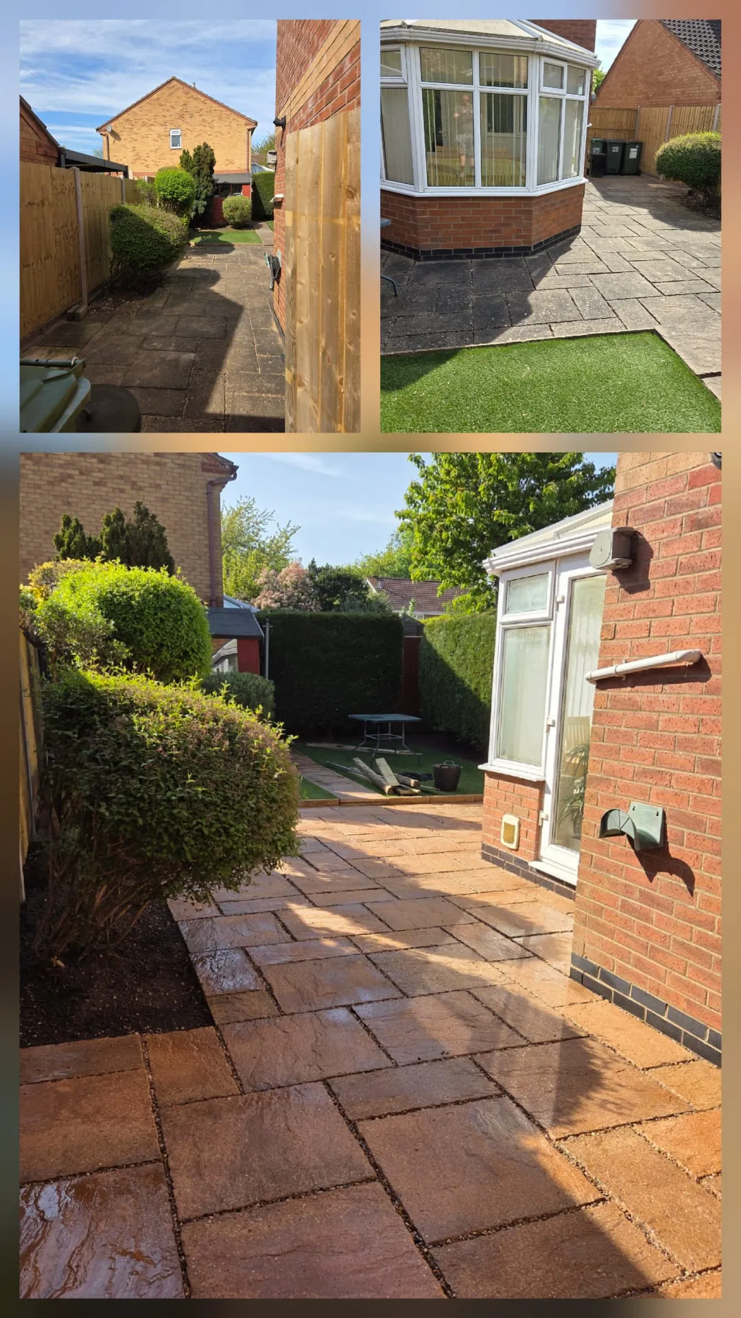 Before and after image of a residential garden with an old, worn patio replaced by new, high-quality paving slabs.