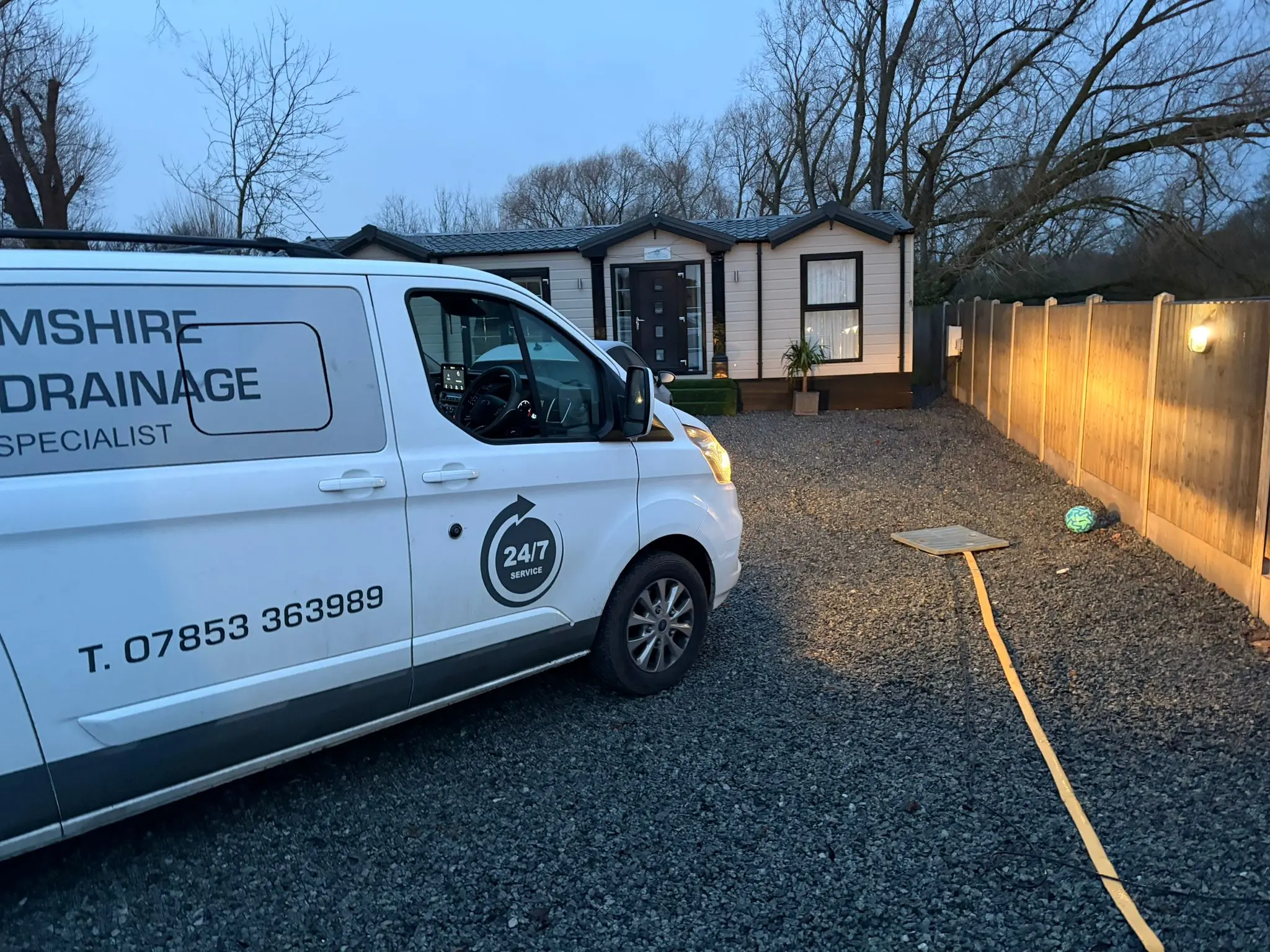 Buckinghamshire & Berkshire Drainage emergency service van providing 24/7 drain unblocking at a residential property.