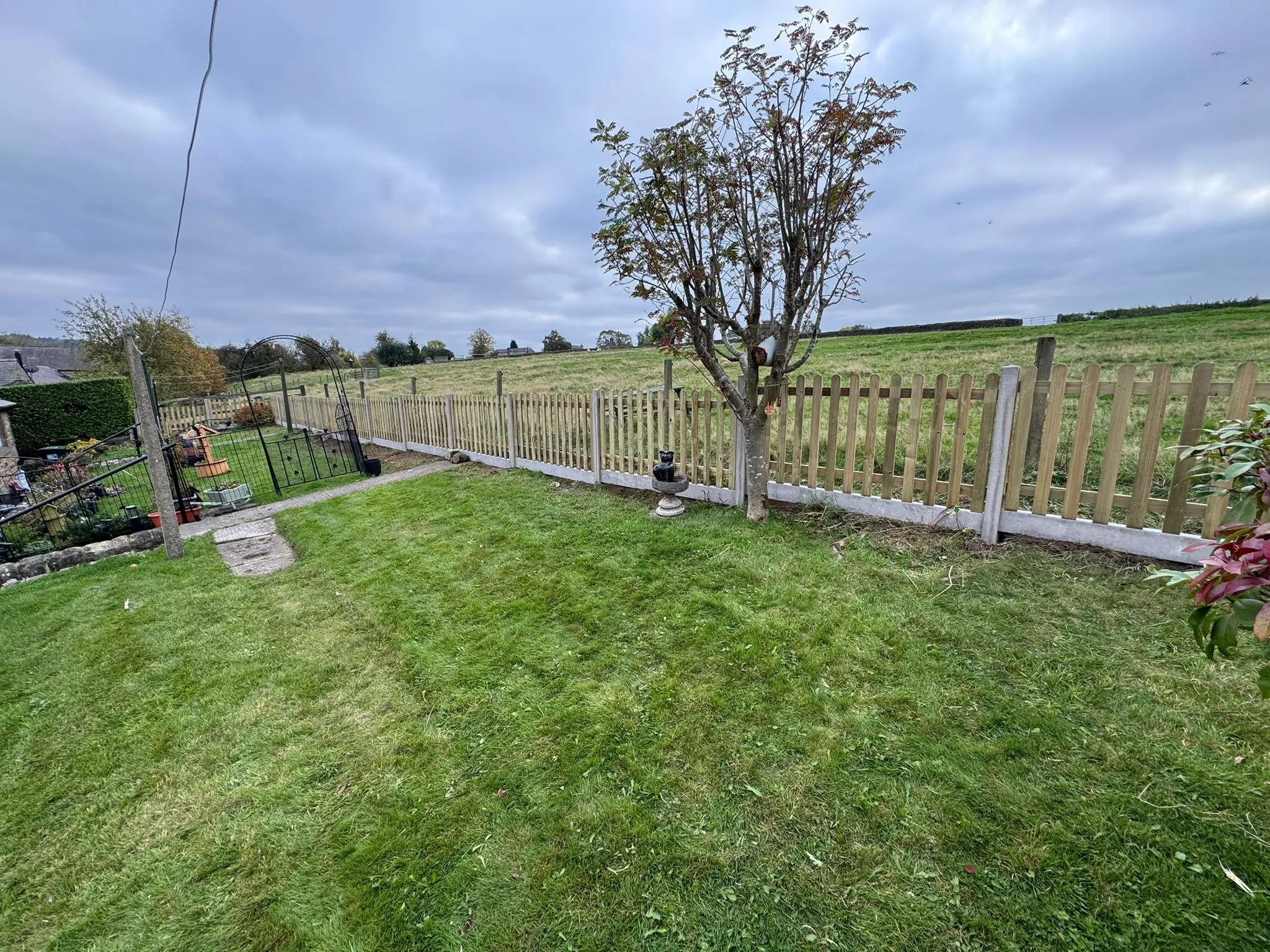 A new picket fence separating a green garden lawn from a rural field.