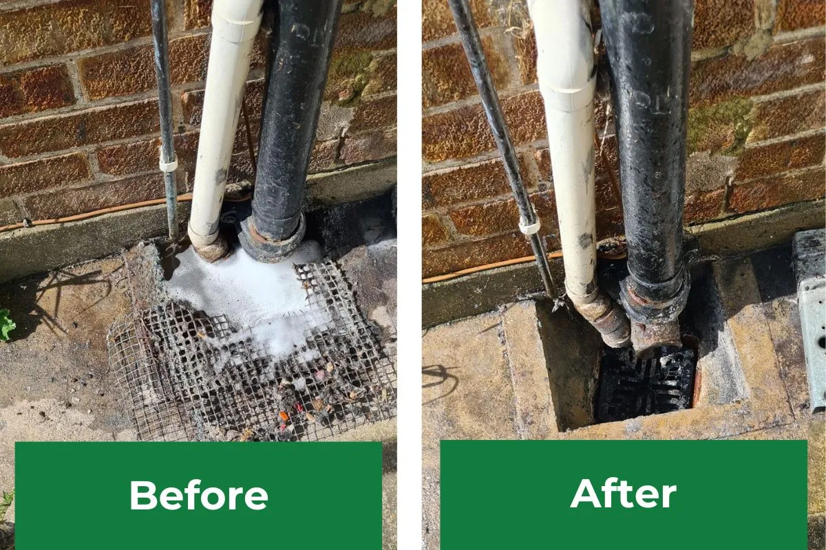 Before and after comparison of a blocked outdoor gully being cleared by Clearflow Drainage Solutions Ltd.
