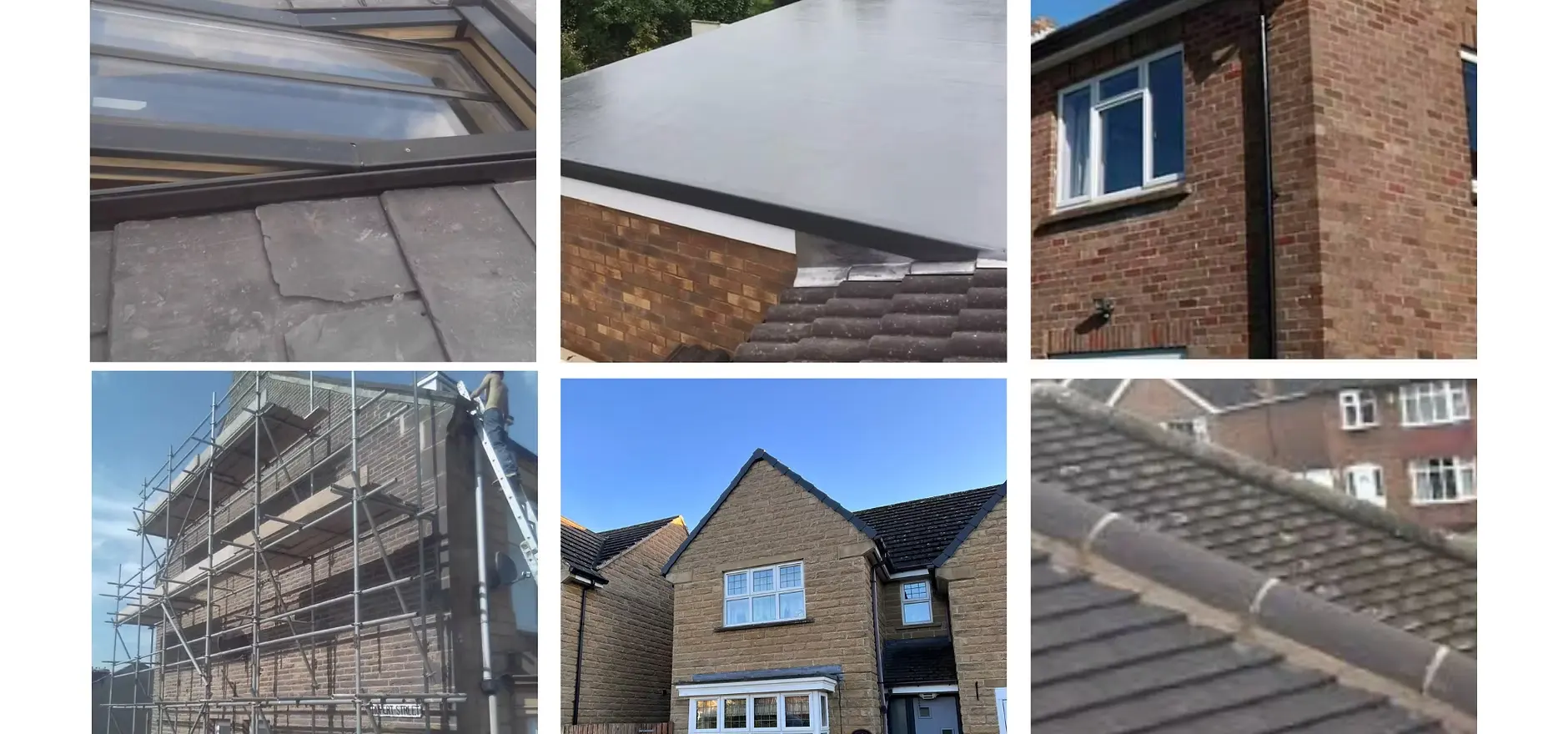 Roofing collage showing flat roofs, ridge tiles, pointing, and scaffolding by Burnley experts.
