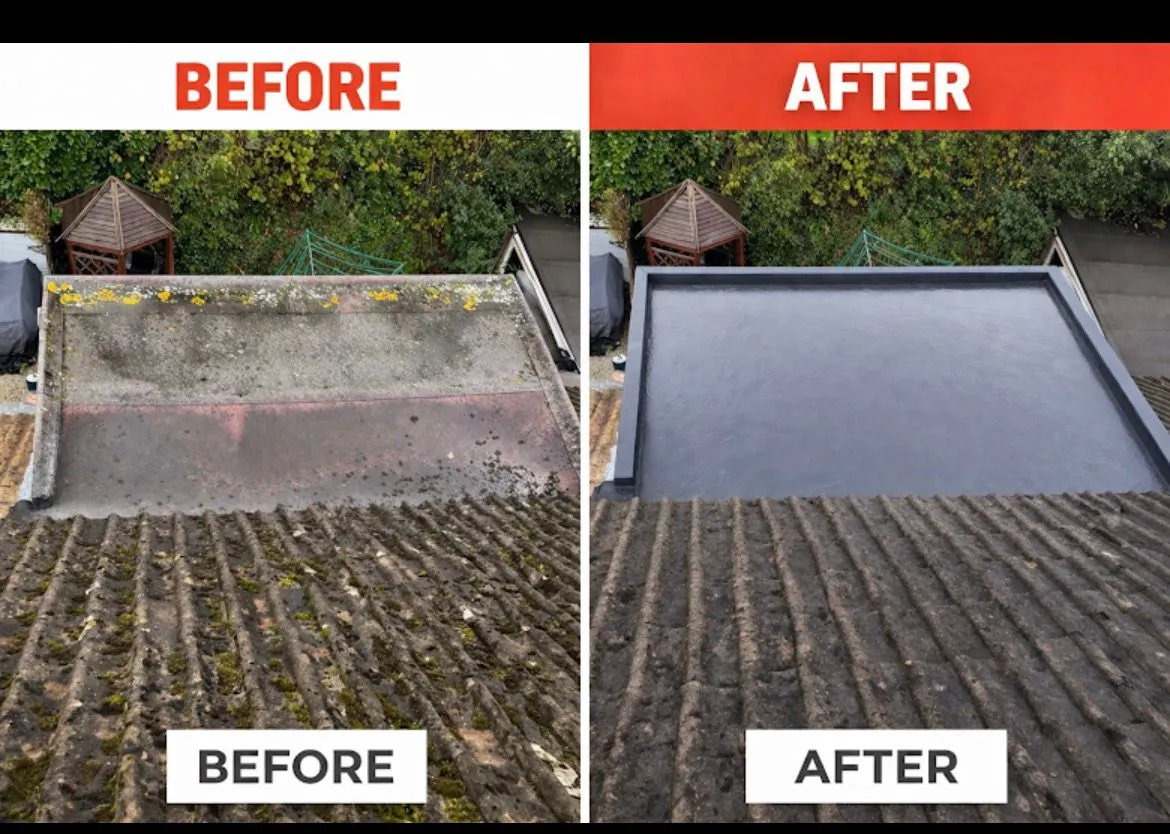 Before and after comparison of a dormer flat roof replacement and repair by Tonbridge & Malling Roofing