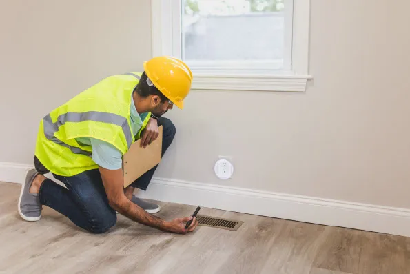 Accredited domestic energy assessor carrying out an existing dwelling energy assessment checking for heat loss and ventilation.
