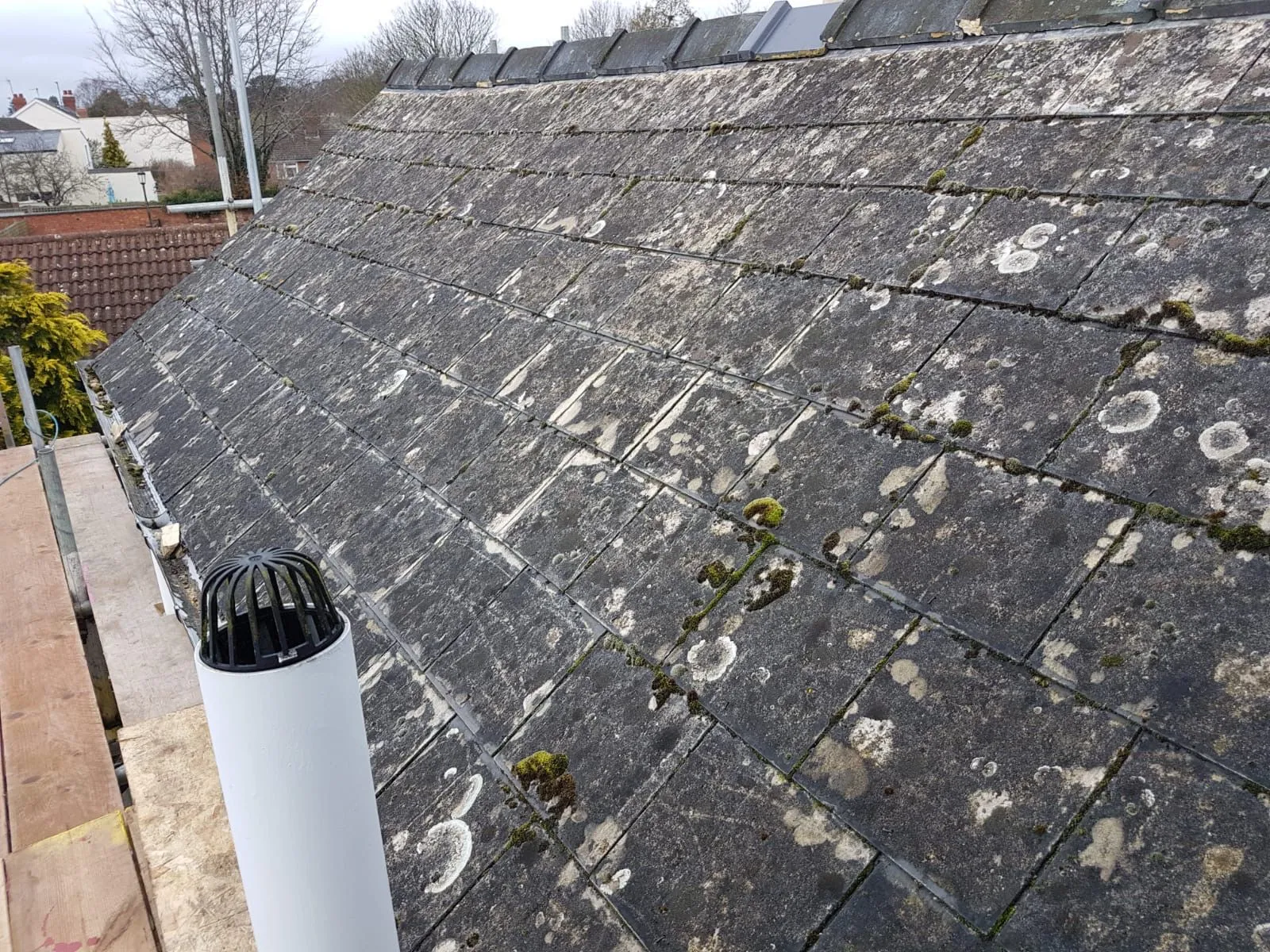Weathered slate roof with moss and lichen growth in Gloucestershire