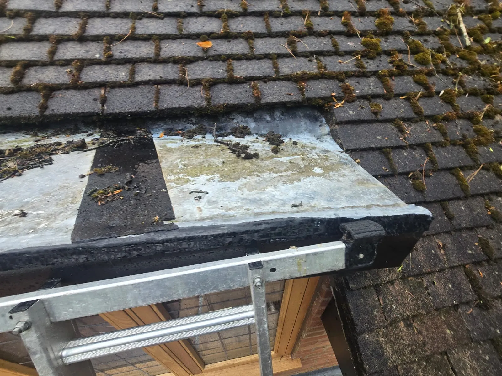 Close-up of a residential roof showing mossy tiles and a deteriorating flat roof section with debris, with a ladder indicating ongoing work or inspection.