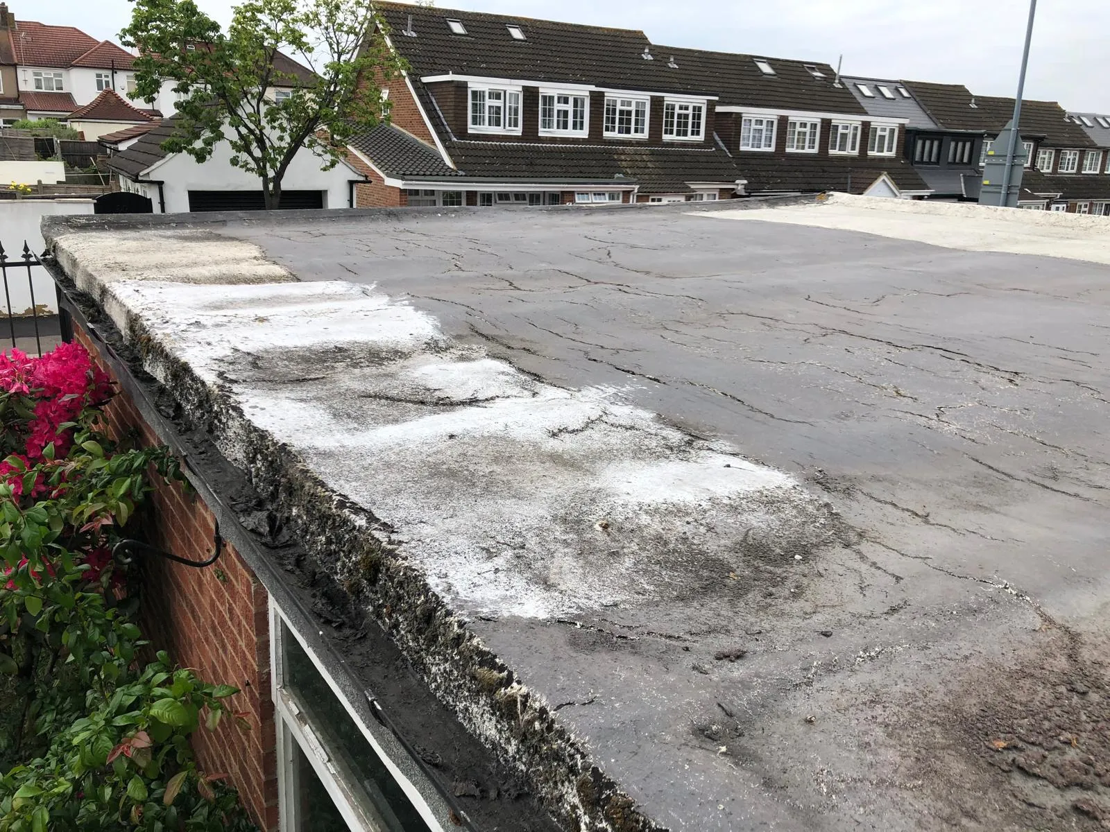 A deteriorated flat roof with visible cracks, patching, and moss, showing signs of severe wear and tear.