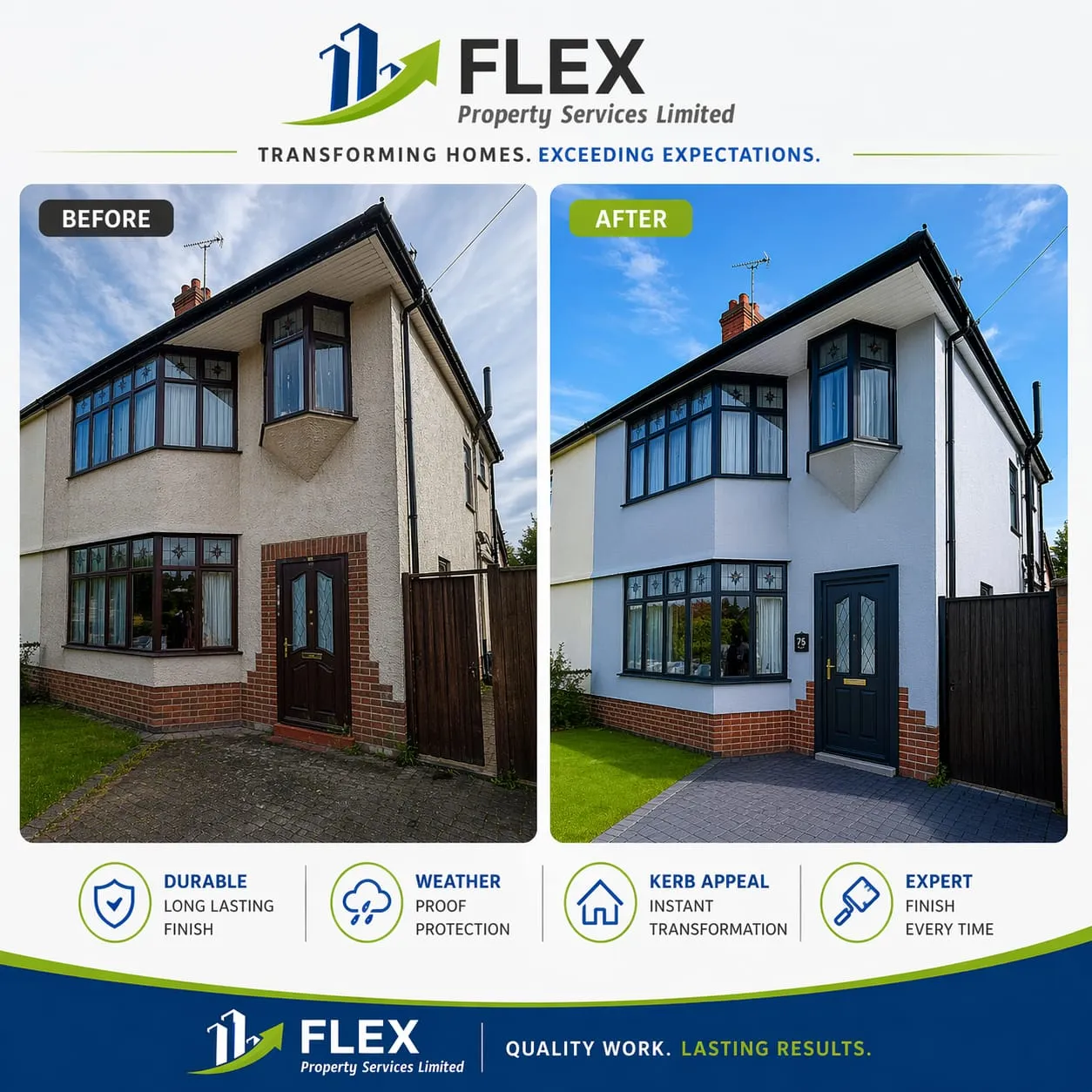 Before and after residential exterior renovation in Felixstowe featuring professional painting and a new dark grey block paving driveway.
