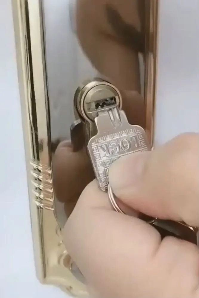 Hand inserting a key into a door lock cylinder