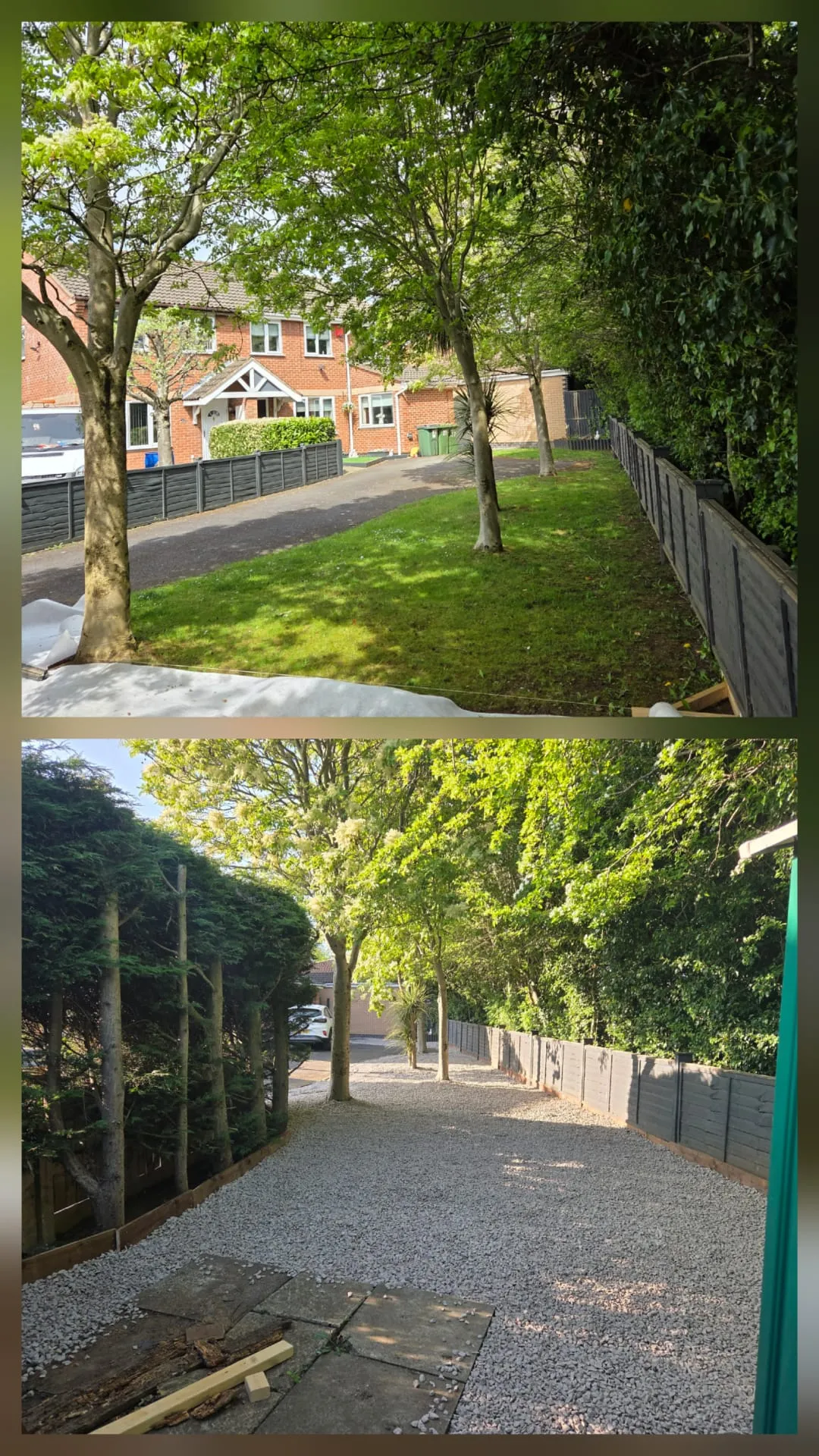 Before and after view of a residential garden transformed into a gravel driveway by Prime Driveways and Landscapes.